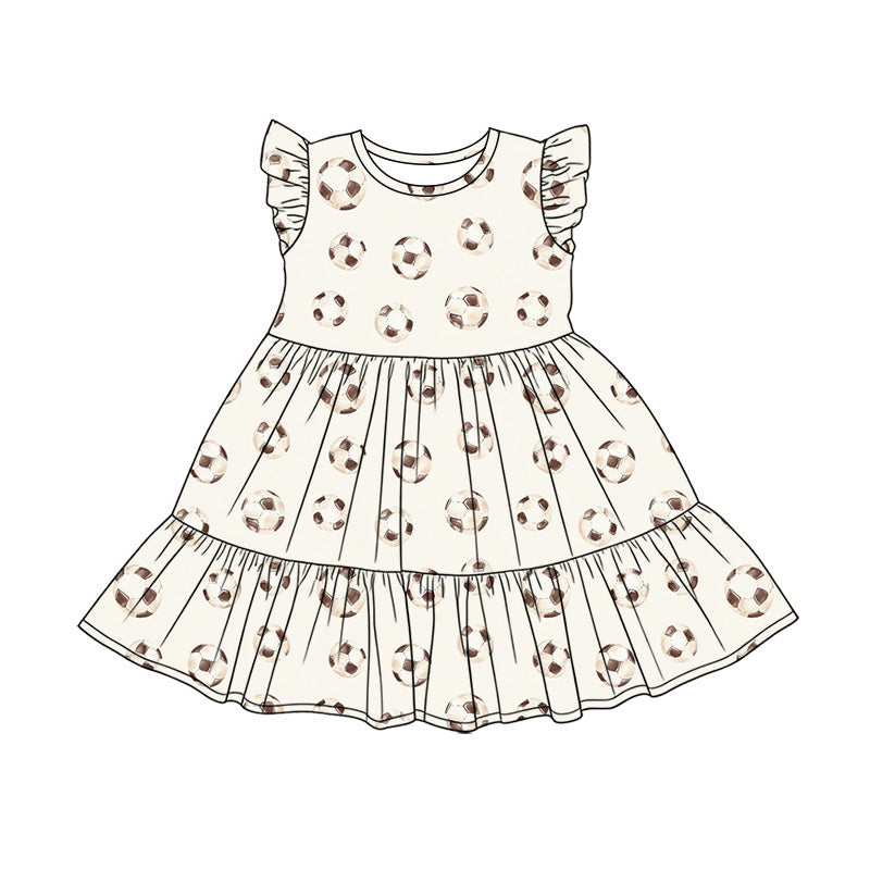 Preorder (moq 5)Baby Girls Flutter Sleeve Footballs Patchwork Team Knee Length Dress