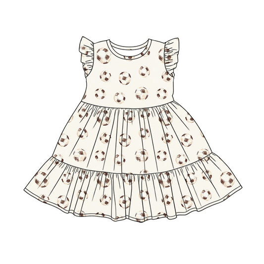 Preorder (moq 5)Baby Girls Flutter Sleeve Footballs Patchwork Team Knee Length Dress
