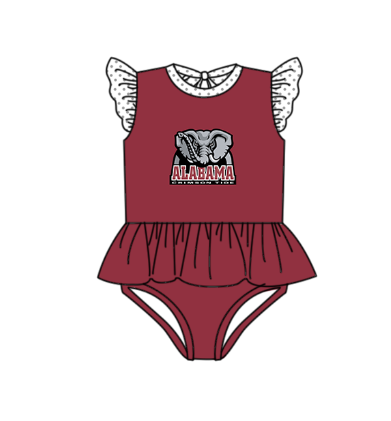 Preorder moq 5 Baby Girls Red Flutter Sleeve Alabama Team Swimsuits