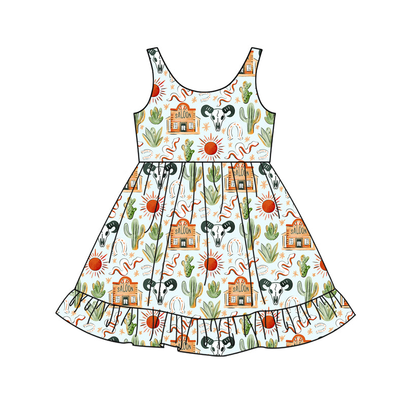 Preorder (moq 5)Baby Girls Bull Skulls Cactus Western Ruffle Knee Length Dresses