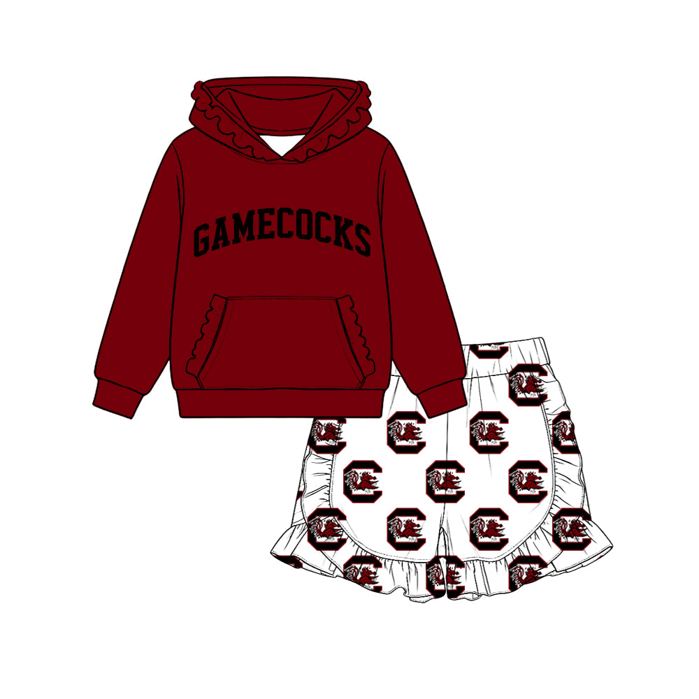 Preorder (moq 5) Baby Girl Clothes Gamecocks Logo Print Long Sleeve Ruffle Hoodie & Ruffle Short Set