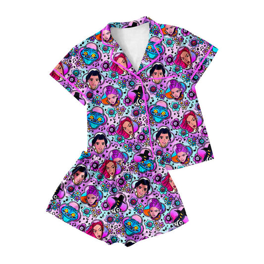 Preorder moq 5 Adult Women Cartoon Girls Flowers Button Pockets Top Shorts Pajamas Sets