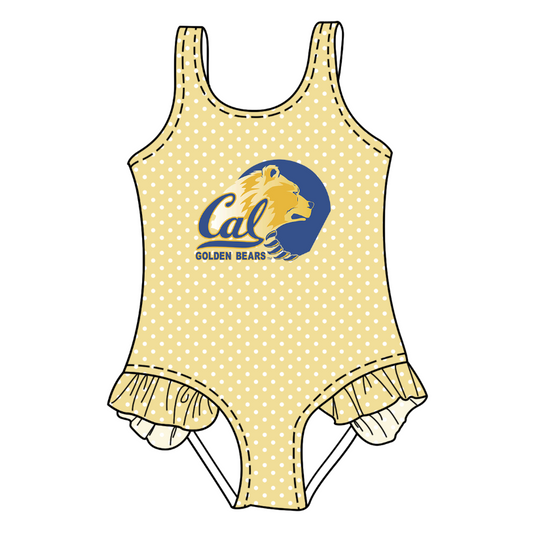 Preorder moq 5 Baby Girls Sleeveless Yellow Polka Dots Cal Golden Bears Team Swimsuits