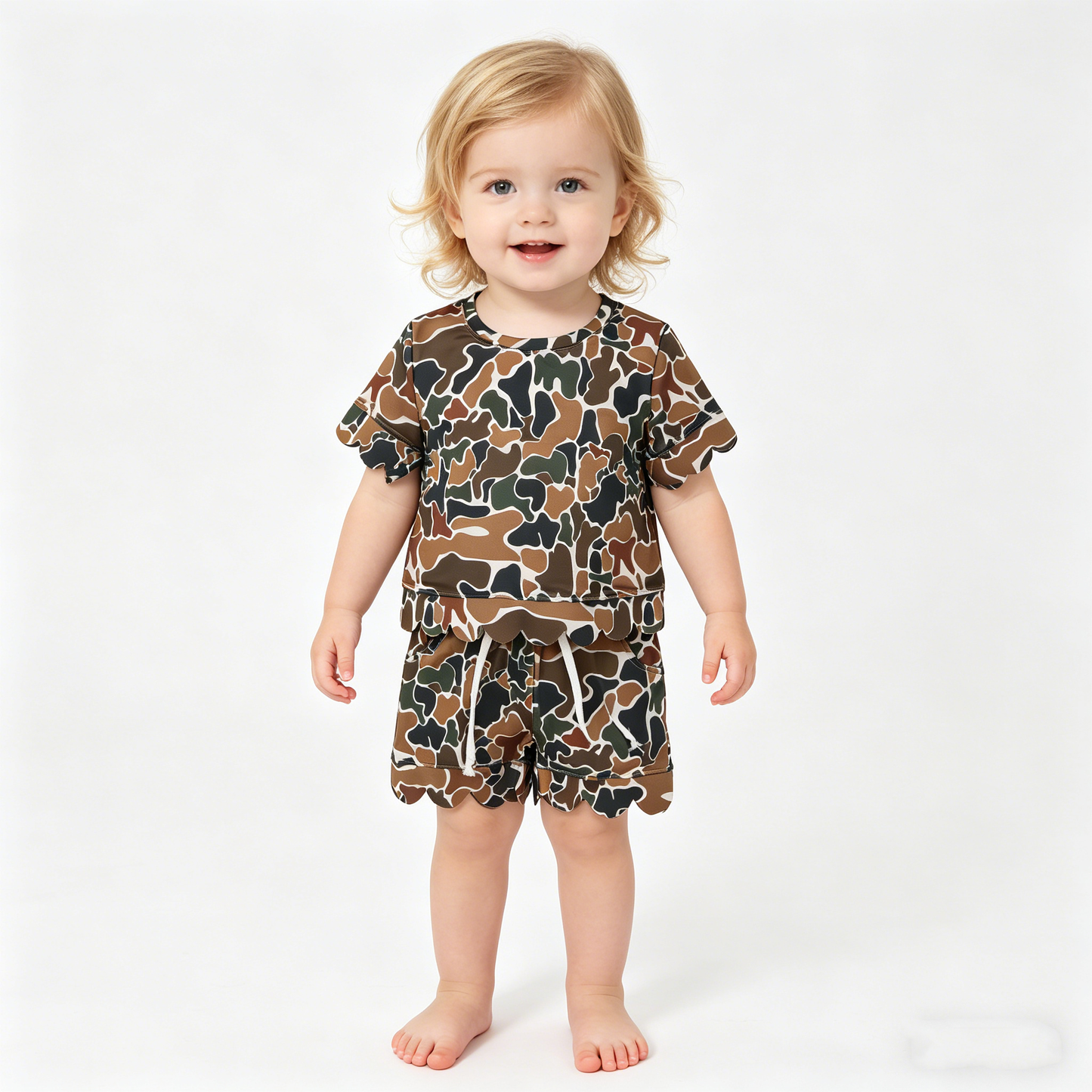 Sibling Baby Girls Short Sleeve Shirts Top Pockets Short Scallop Clothes Sets