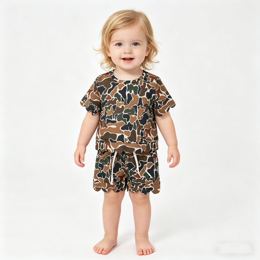 Sibling Baby Girls Short Sleeve Shirts Top Pockets Short Scallop Clothes Sets