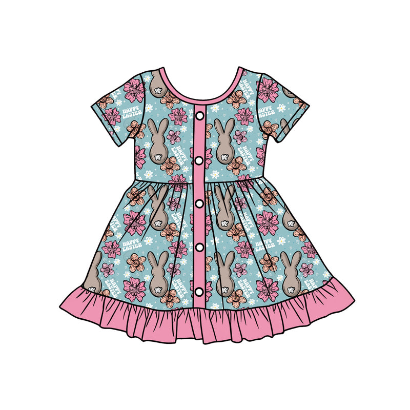Preorder (moq 5)Baby Girls Flowers Rabbits Button Ruffle Happy Easter Knee Length Dresses