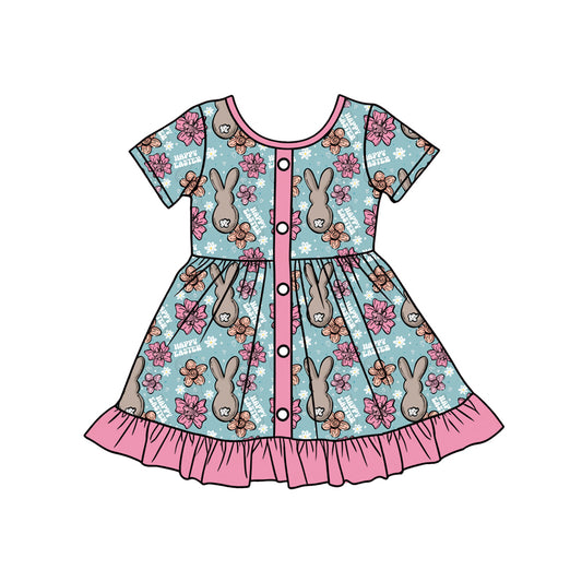 Preorder (moq 5)Baby Girls Flowers Rabbits Button Ruffle Happy Easter Knee Length Dresses