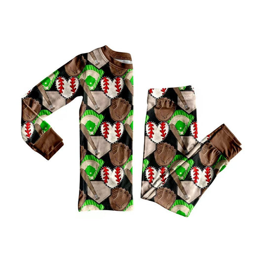 Preorder (moq 20)Baby Boys Bamboo Hearts Baseballs Team Pajamas Sets