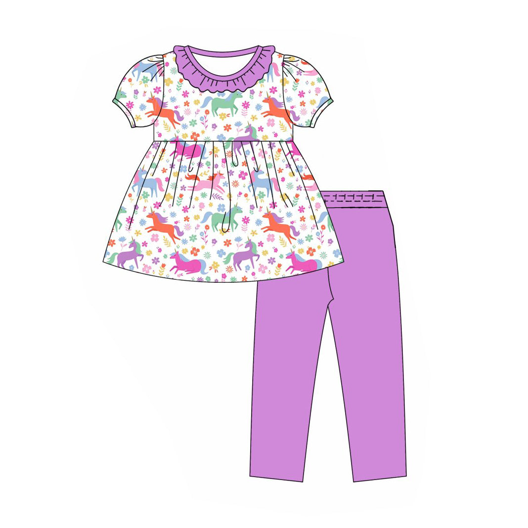 Preorder (moq 5)Baby Girls Short Sleeve Colorful Horses Tunic Legging Fall Clothes Sets
