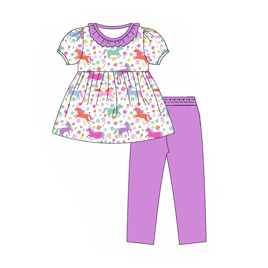 Preorder (moq 5)Baby Girls Short Sleeve Colorful Horses Tunic Legging Fall Clothes Sets