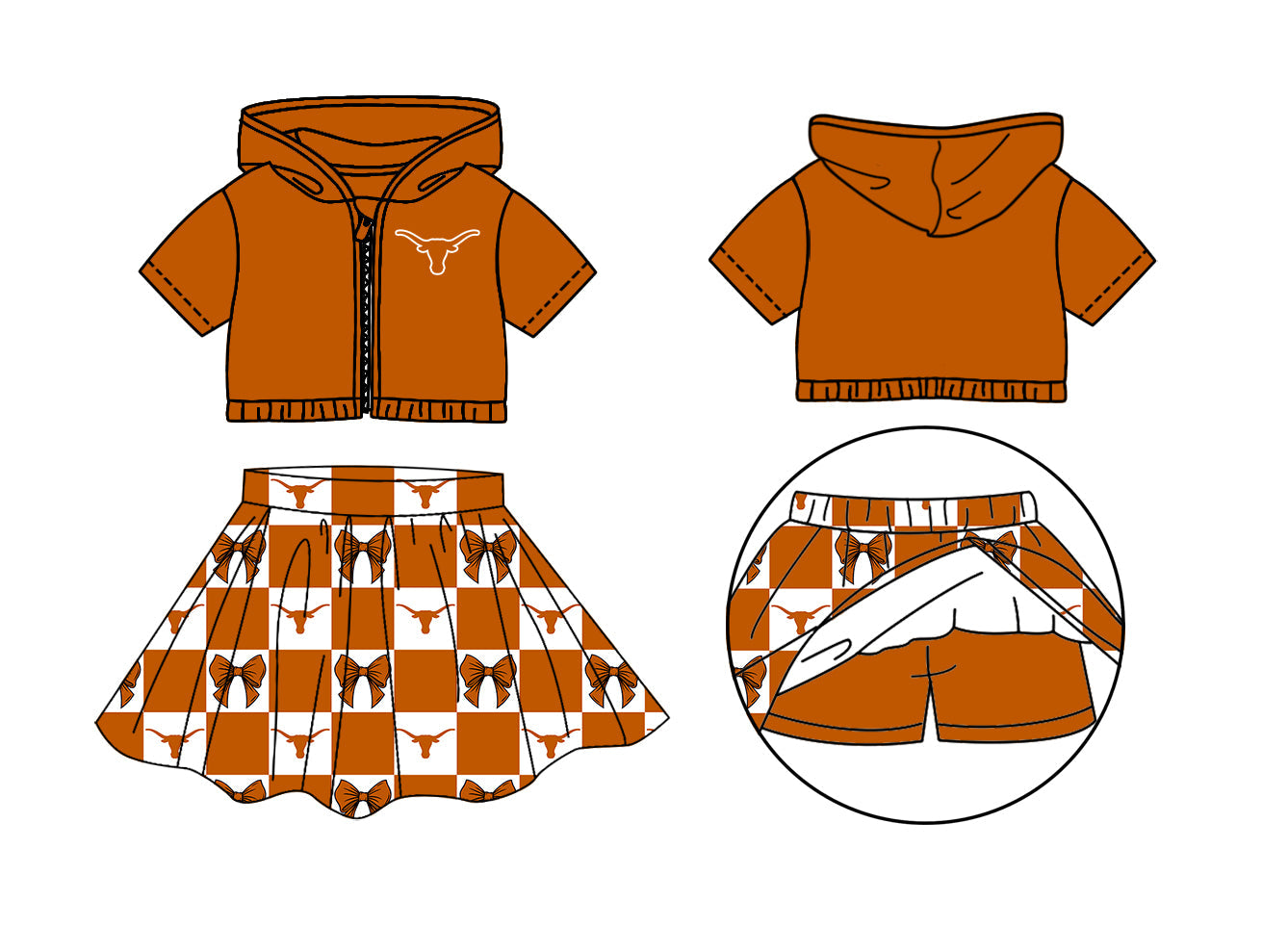 Preorder (moq 5)Baby Girls Bull Skulls Bows Zip Hoodie Jackets Skirt Short Team Clothes Sets