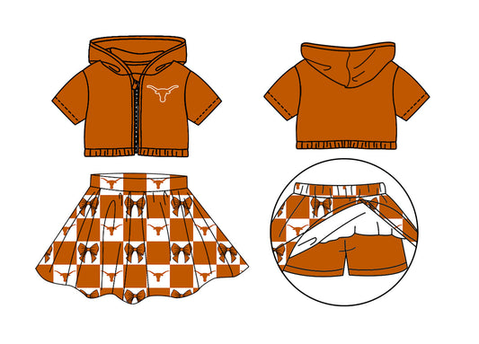 Preorder (moq 5)Baby Girls Bull Skulls Bows Zip Hoodie Jackets Skirt Short Team Clothes Sets