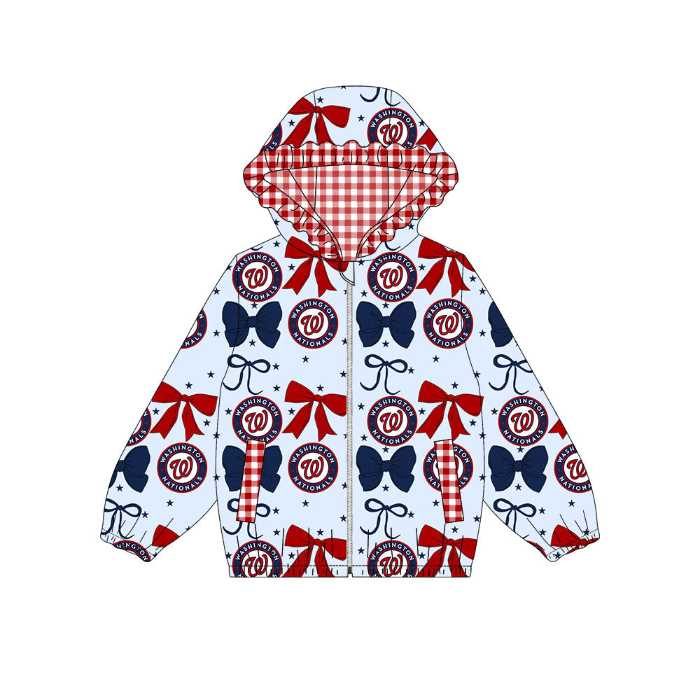 Preorder(moq 8)Baby Girls Blue Red Bows Washington W Pocket Zipper Team Ruffle Hoodies Jackets