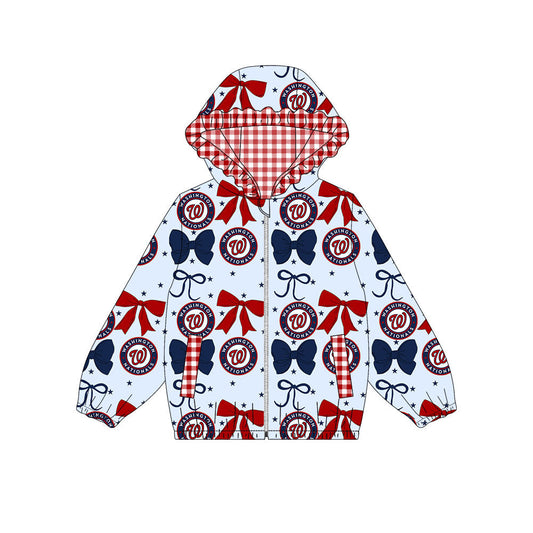 Preorder(moq 8)Baby Girls Blue Red Bows Washington W Pocket Zipper Team Ruffle Hoodies Jackets