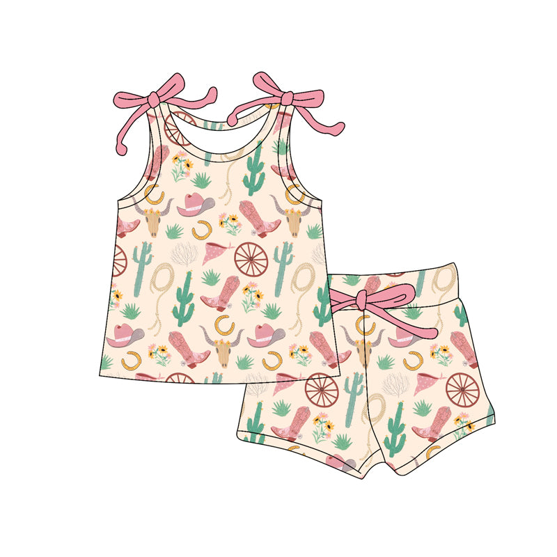 Preorder (moq 5)Baby Girls Boots Hats Bull Skulls Top Shorts Western Clothes Sets