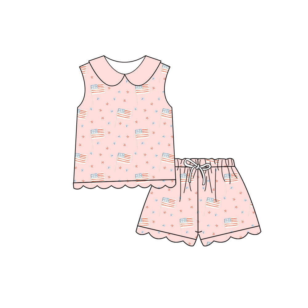 Preorder (moq 5)Baby Girls Flag Stars Collar Top Scallop Shorts 4th of July Clothes Sets