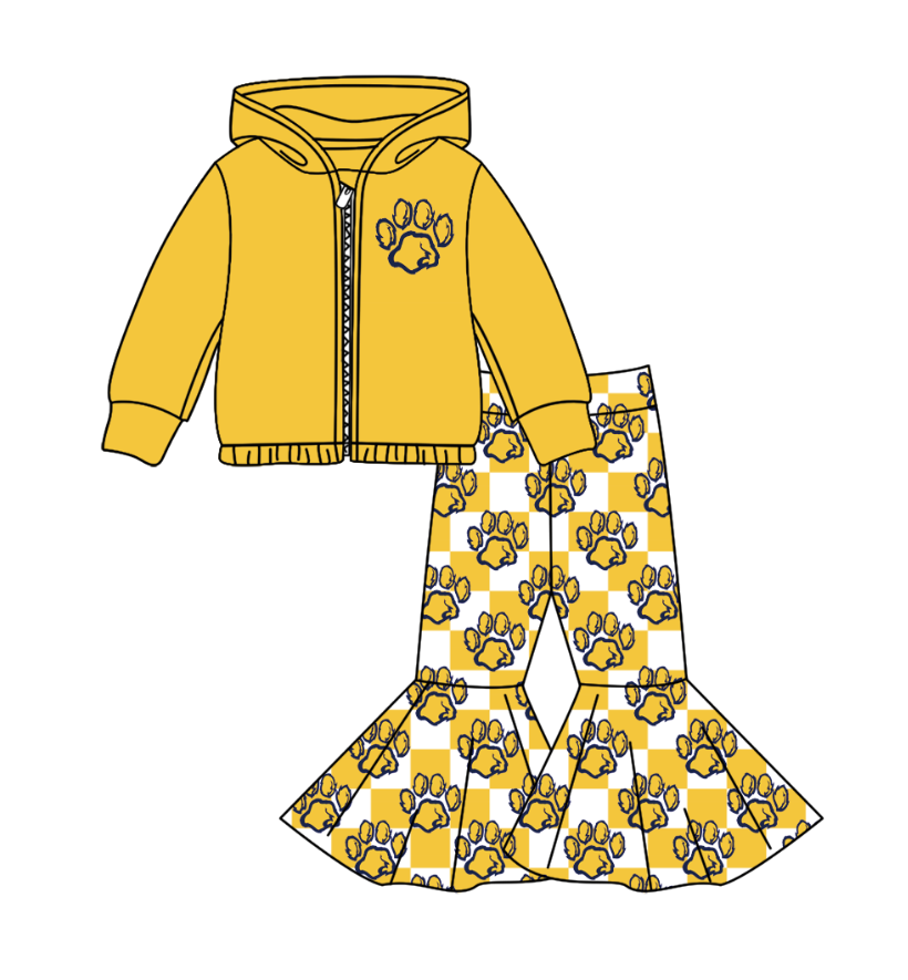 Preorder(moq 5) Baby Girls Yellow Pawls Zipper Hoodie Jacket Bell Bottom Pants Team Clothes Sets