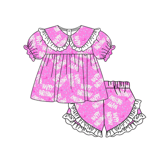 Preorder moq 5 Baby Girls Happy Birthday Collar Tunic Ruffle Shorts Clothes Set