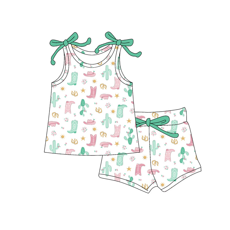 Preorder (moq 5)Baby Girls Boots Hats Cactus Top Shorts Western Clothes Set