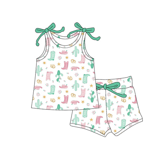 Preorder (moq 5)Baby Girls Boots Hats Cactus Top Shorts Western Clothes Set
