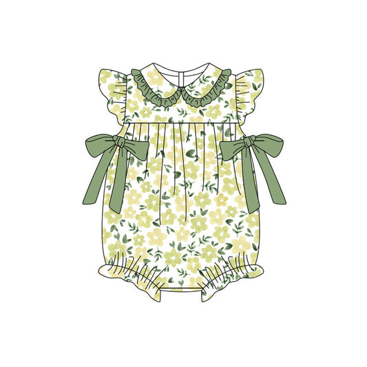 Preorder (moq 5)Baby Girls Flutter Sleeve Green Flowers Bows Ruffle Rompers