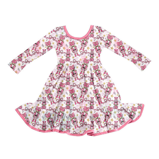 Preorder (moq 5)Baby Girls Pink Bows Soldiers Stars Ruffle Knee Length Dress