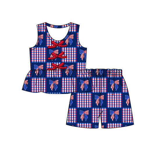 Preorder (moq 5)Baby Girls Flags Bows Checked Button Tunic Shorts 4th of July Clothes Set