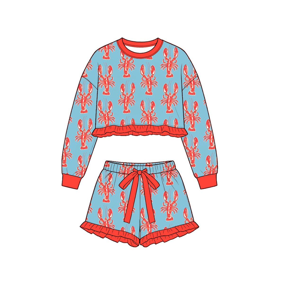 Preorder (moq 5) Baby Girl Clothes Crawfish Allover Print Long Sleeve Crop Top Ruffle Short Set