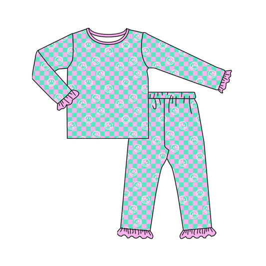 Preorder (moq 20)Baby Girls Bamboo Green Pink Checked Smiles Ruffle Pants Pajamas Sets