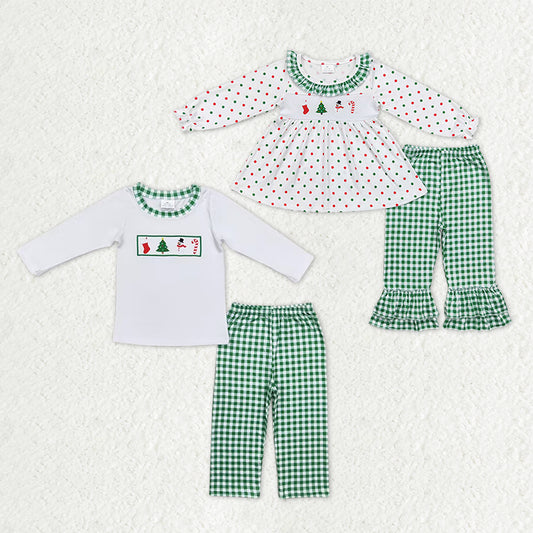 Sibling Baby Kids Embroidery Snowmen Trees Top Pants Christmas Clothes Sets