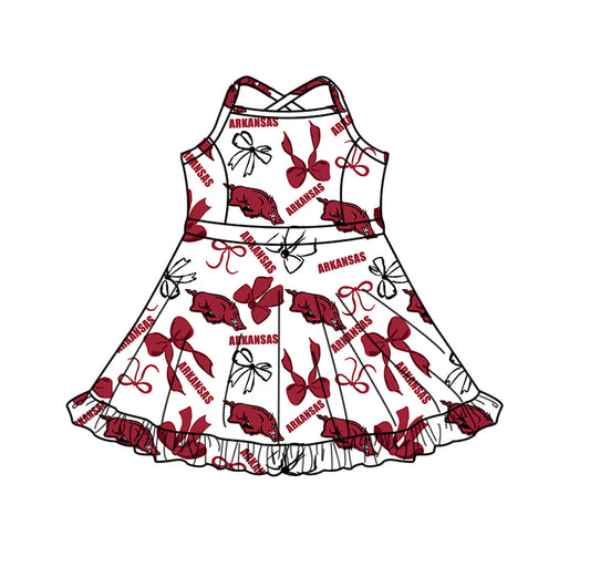 Preorder (moq 5)Baby Girls Strap Arkansas Bows Team Shorts Ruffle Knee Length Dress