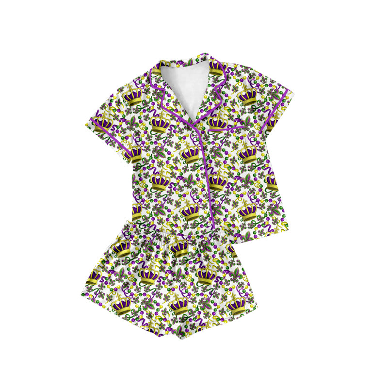 Preorder (moq 5) Baby Girl Clothes Mardi Gras Crown Fleur De Lis Bead Print Short Sleeve Button Pajama Short Set