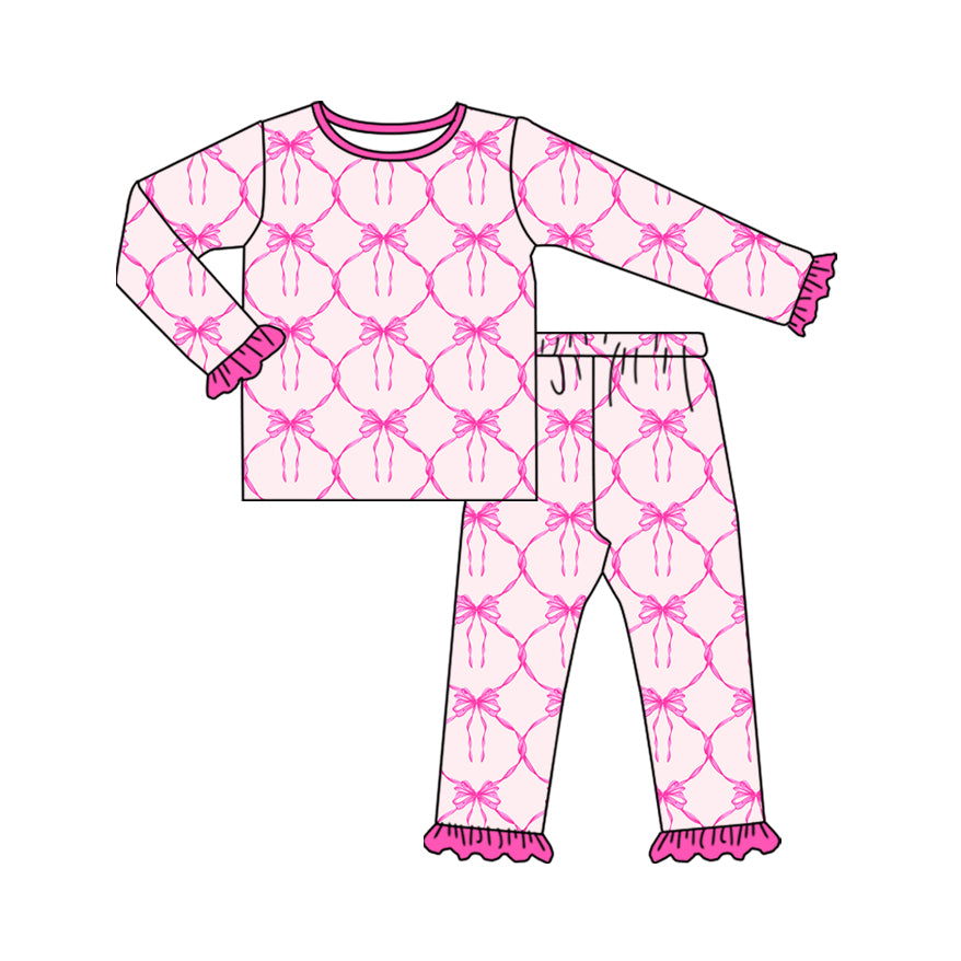 Preorder (moq 20)Baby Girls Bamboo Pink Bows Checked Ruffle Pants Pajamas Sets