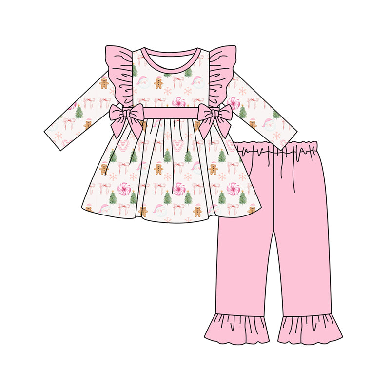 Preorder (moq 5)Baby Girls Long Sleeves Pink Bows Gingerbread Tunic Ruffle Pant Sets