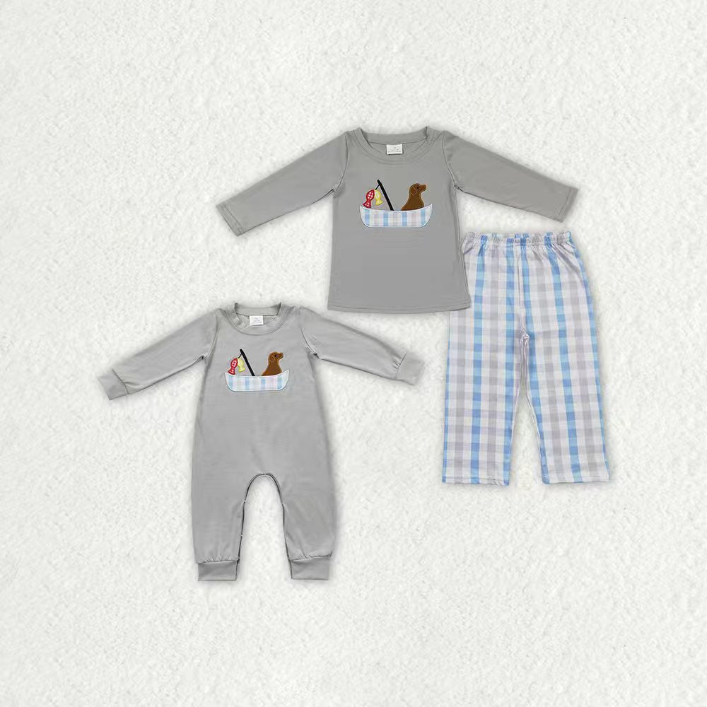 Sibling Embroidery Dogs Fishing Baby Boys Grey Shirt Pants Hunting Clothes Sets Footie Rompers