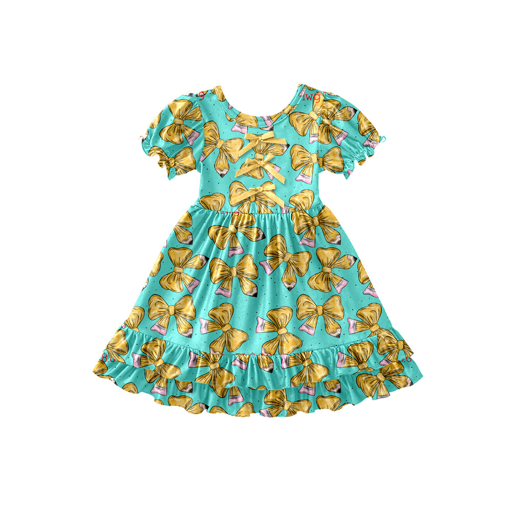Preorder (moq 5)Baby Girls Pencil Bows Back to School Ruffle Knee Length Dresses