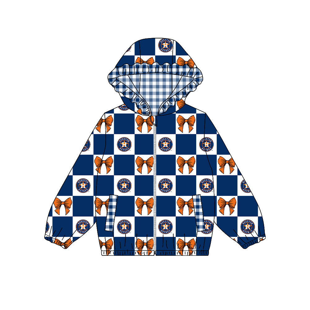 Preorder (moq 5) Baby Girls Bows Houston Checked Team Ruffle Hoodie Tops