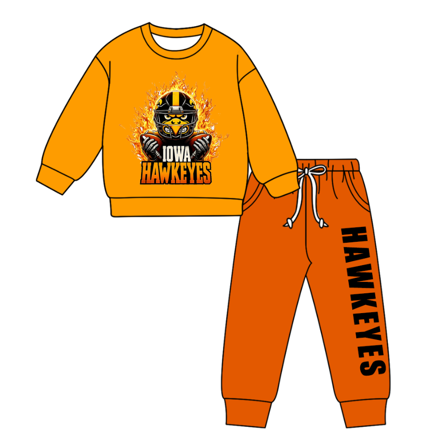 Preorder(moq 5) Baby Boys Iowa Hawkeyes Orange Top Pockets Jogger Pants Team Clothes Sets