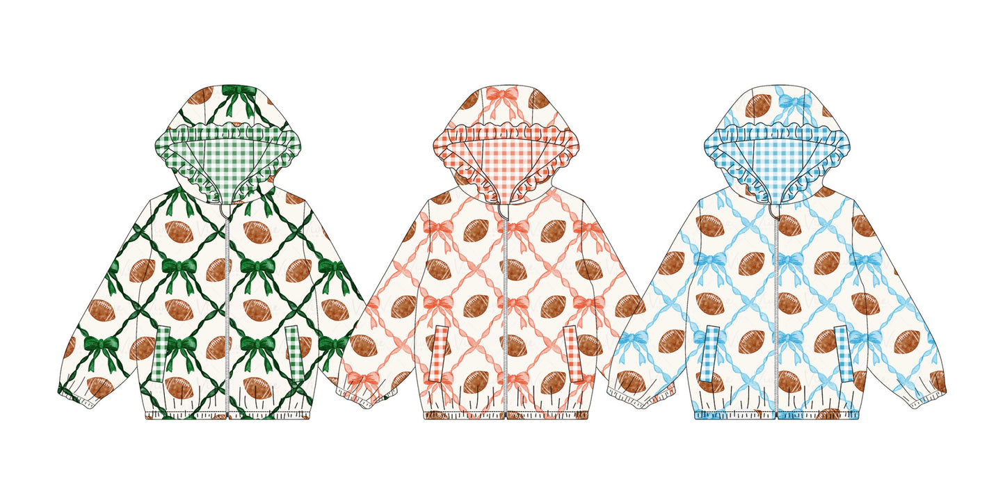 Preorder (moq 5)Baby Girls Footballs Bows Checked Pockets Zipper Team Hoodies Top