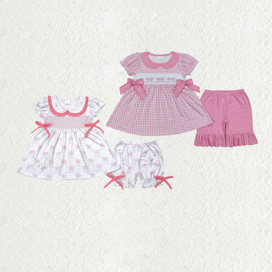 Sibling Embroidery Baby Girls Checkered Bows Tunic Ruffle Shorts Clothes Sets