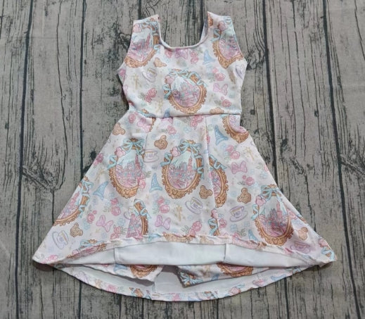 Preorder (moq 5)Baby Girls Sleeveless Pink Bows Castles Shorts Knee Length Dresses