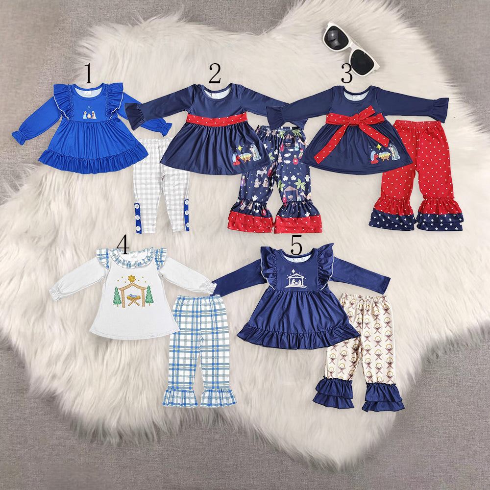Sibling Girls Baby Girls Christmas Nativity Tunic Ruffle Pant Clothes Sets