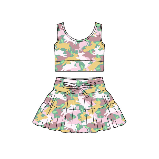 Preorder (moq 5)Baby Girls Sleeveless Rabbits Camo Vest Skirt Shorts Easter Clothes Set