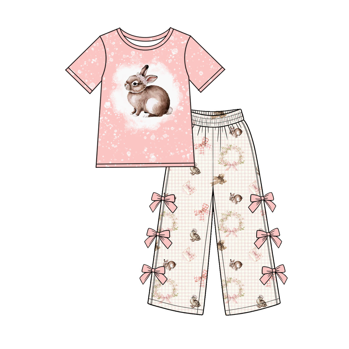 Preorder (moq 5) Baby Girl Clothes Easter Bunny Floral Gingham Mixed Print Short Sleeve Side Bow Flare Pant Set