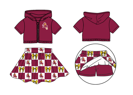 Preorder (moq 5)Baby Girls Arizona State Bows Zip Hoodie Jackets Skirt Short Team Clothes Sets