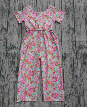 Preorder (moq 5)Baby Girls Short Sleeves Flowers Print Pockets Jumpsuits
