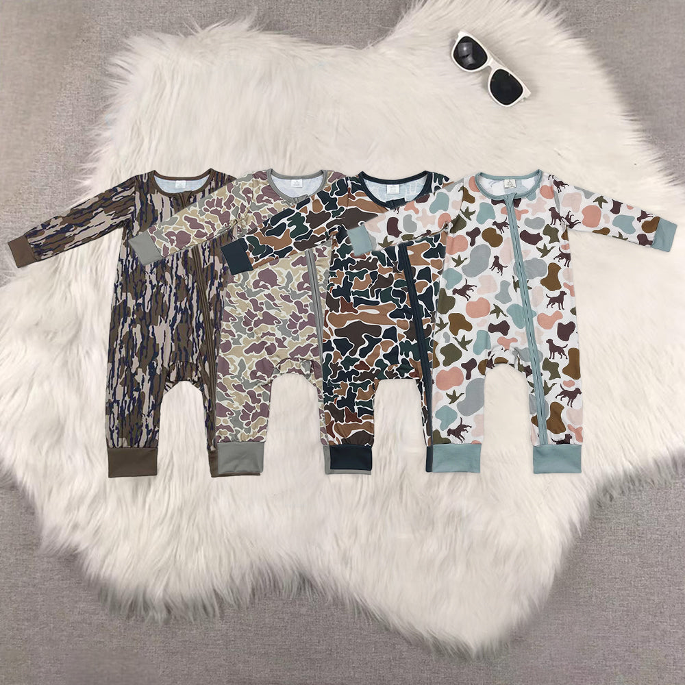 Sibling Baby Boys Bamboo Southern Camo Dogs Ducks Hunting Zip Rompers