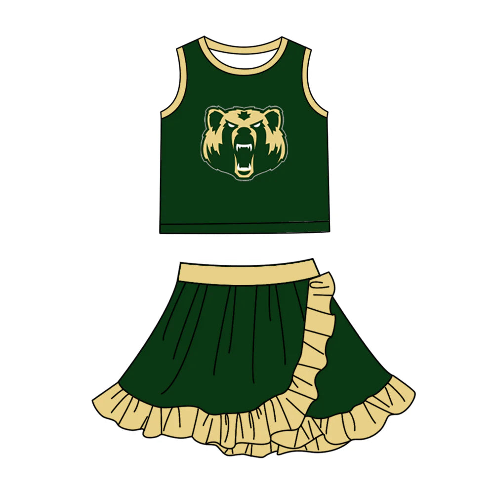 Preorder (moq 5)Baby Girls Green Bears Vest Top Ruffle Skirt Short Team Clothes Sets