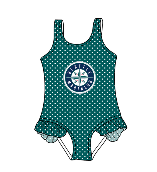 Preorder moq 5 Baby Girls Sleeveless Green Polka Dots Seattle Mariners Team Swimsuits