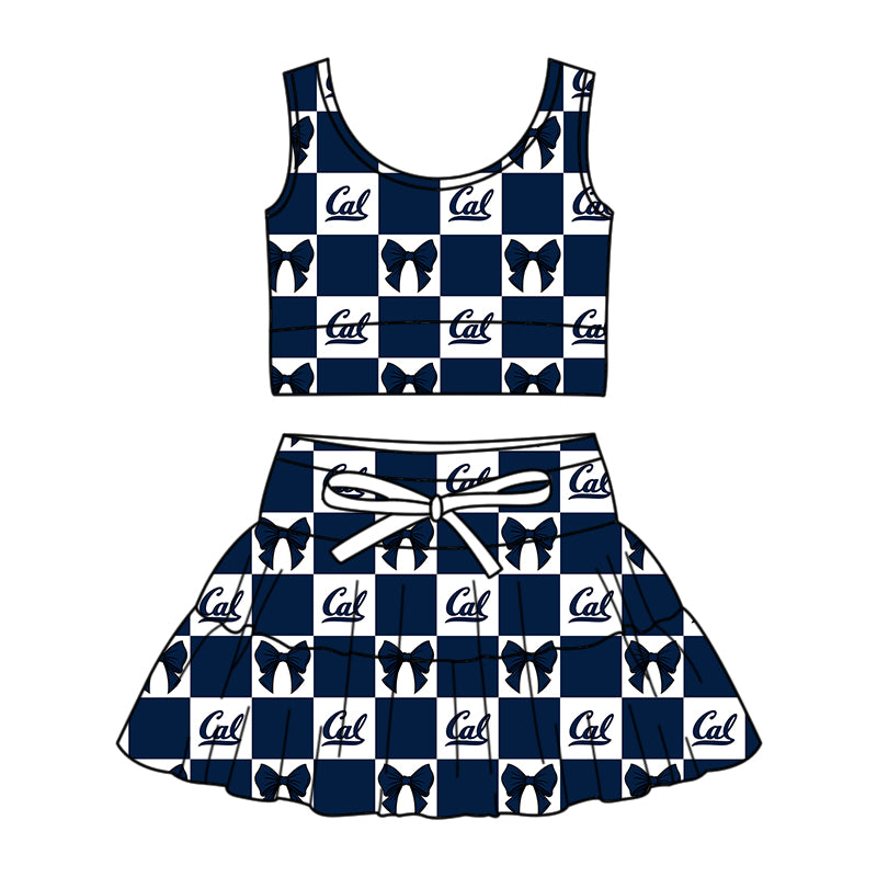 Preorder (moq 5)Baby Girls Navy Cal Bows Checked Vest Top Skirt Short Team Clothes Sets